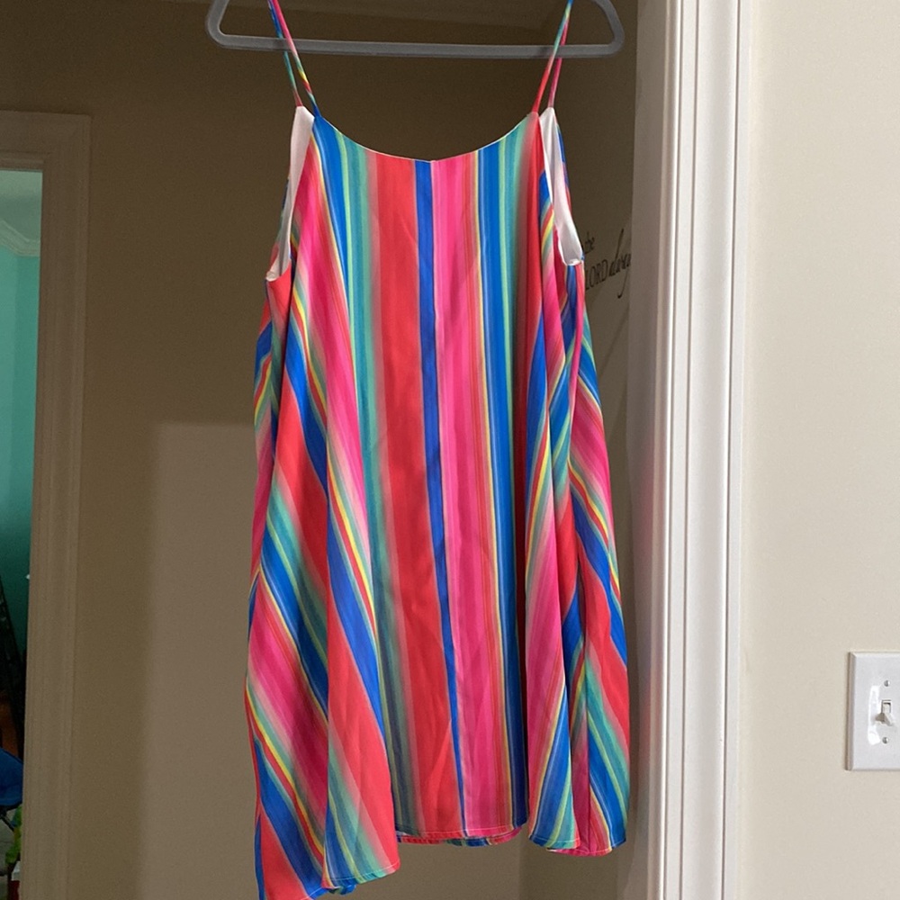 Peace Love NWT Red Green Stripe Flowy Sun V-Neck Dress wSide Pockets - Sz Large